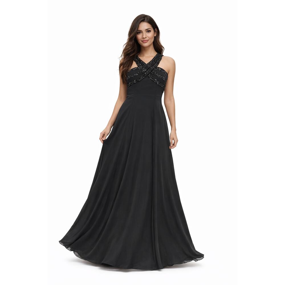 Diane Freis Halter Hand Beaded Maxi Dress Black Size L